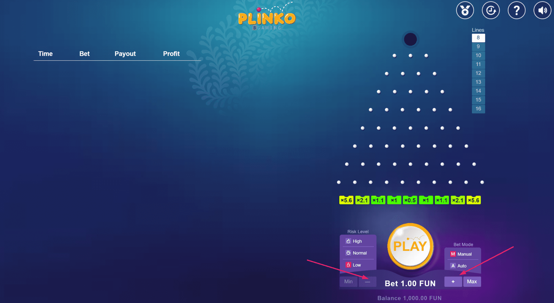 Einsatzhöhe im Plinko-Spiel wählen