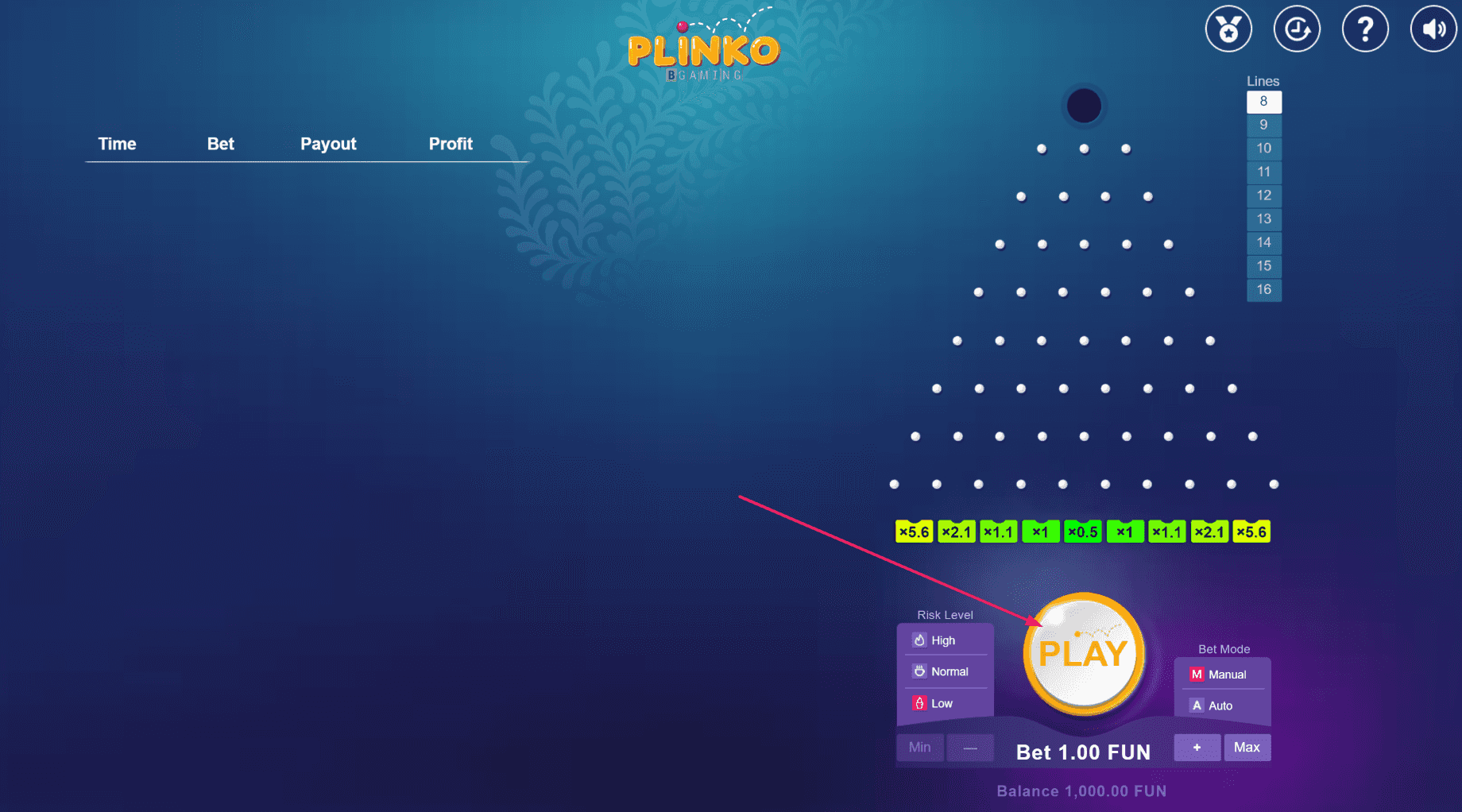 Ball im Plinko-Spiel fallen lassen
