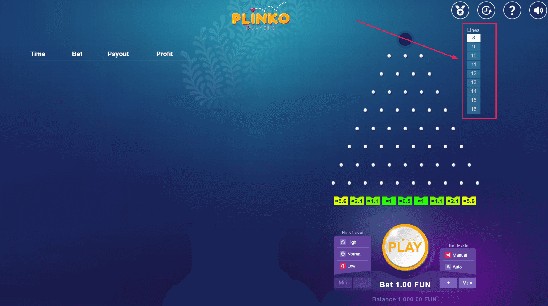Anzahl der Linien in Plinko einstellen