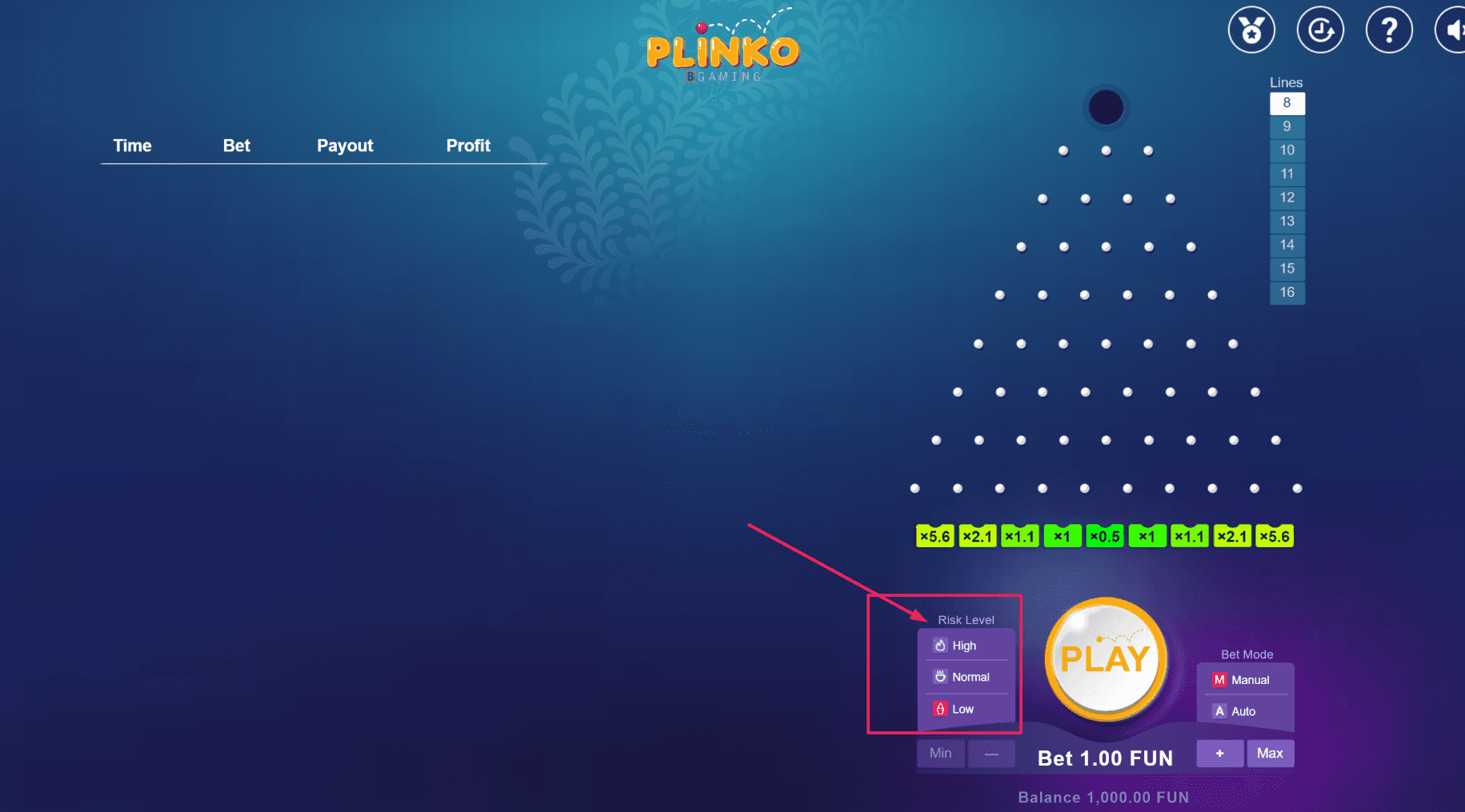 Risikostufe im Plinko Casino auswählen